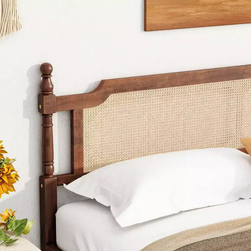 MAYEERTY King Pine Wooden Bed with Rattan Headboard and Footboard Brown