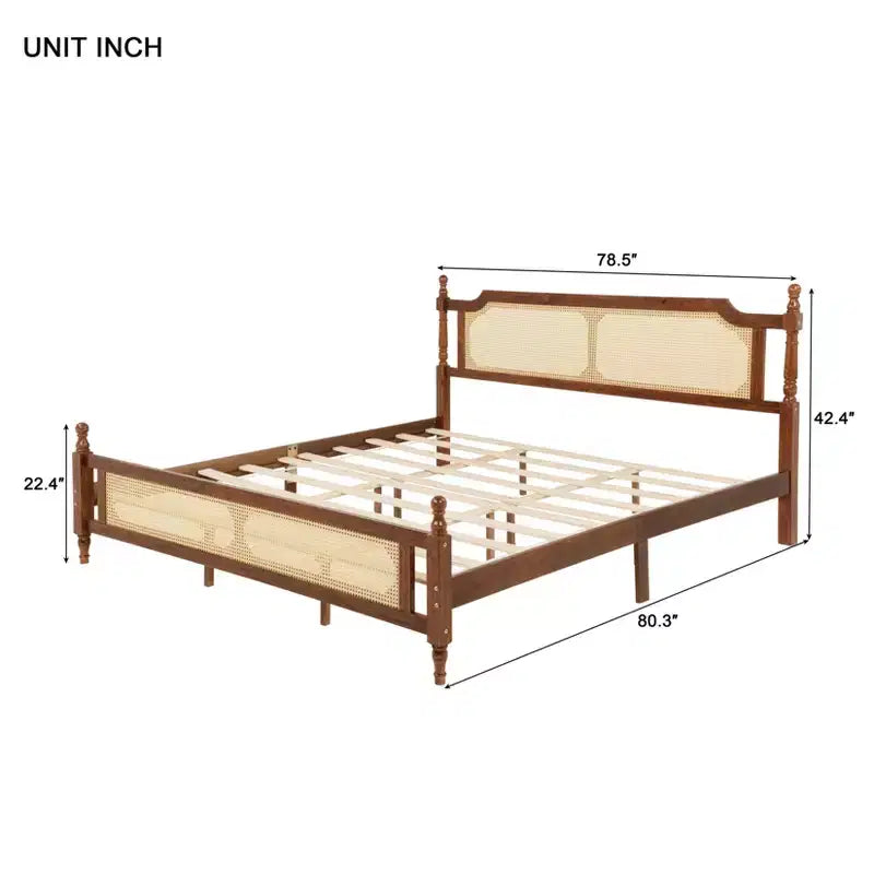 MAYEERTY King Pine Wooden Bed with Rattan Headboard and Footboard Brown