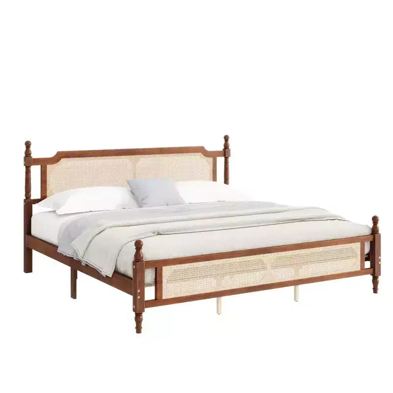 MAYEERTY King Pine Wooden Bed with Rattan Headboard and Footboard Brown