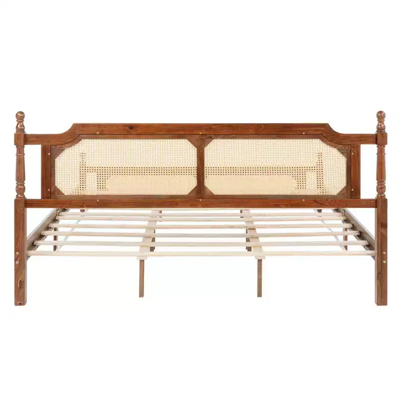 MAYEERTY King Pine Wooden Bed with Rattan Headboard and Footboard Brown
