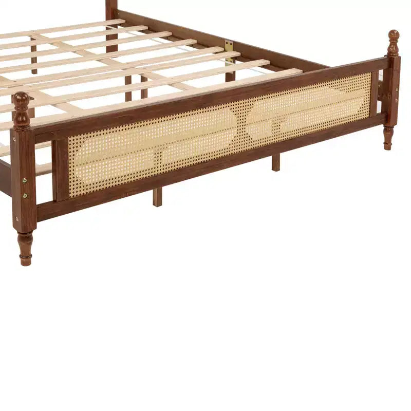 MAYEERTY King Pine Wooden Bed with Rattan Headboard and Footboard Brown