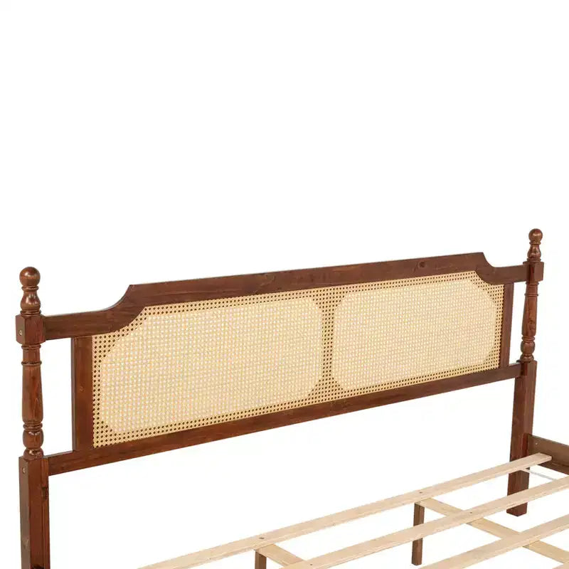 MAYEERTY King Pine Wooden Bed with Rattan Headboard and Footboard Brown