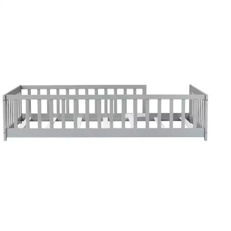 MAYEERTY Twin Floor Bed with Fence without Door, Rubber Wood Floor Guardrails Gray
