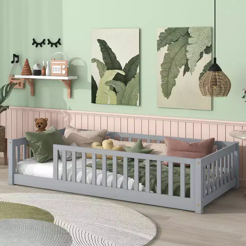 MAYEERTY Twin Floor Bed with Fence without Door, Rubber Wood Floor Guardrails Gray