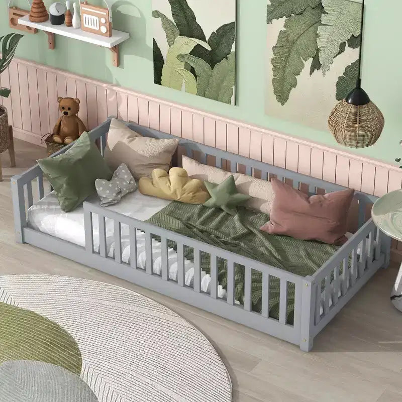 MAYEERTY Twin Floor Bed with Fence without Door, Rubber Wood Floor Guardrails Gray