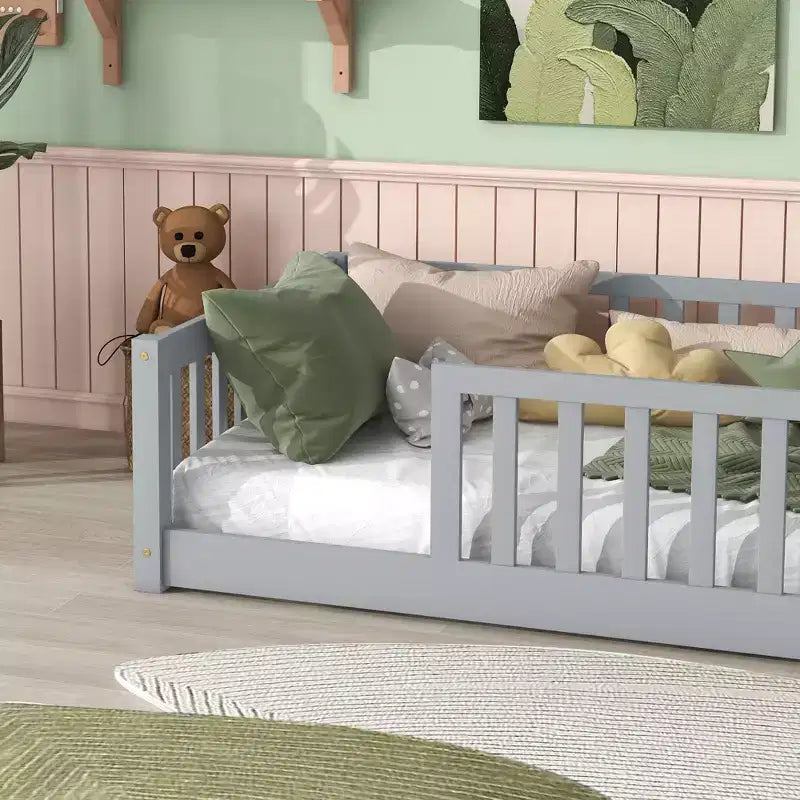 MAYEERTY Twin Floor Bed with Fence without Door, Rubber Wood Floor Guardrails Gray