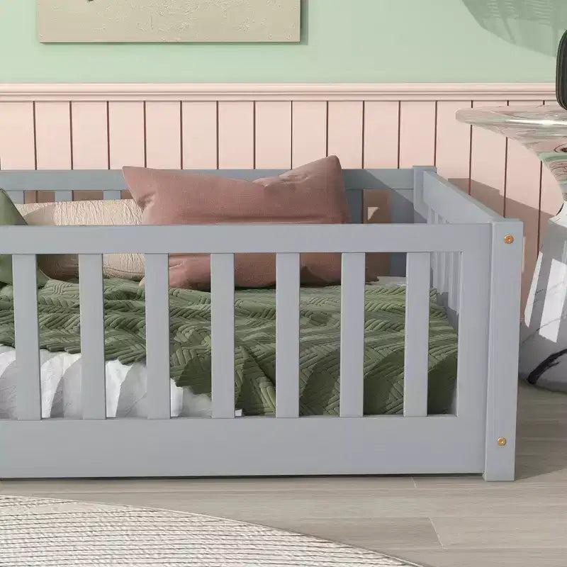 MAYEERTY Twin Floor Bed with Fence without Door, Rubber Wood Floor Guardrails Gray