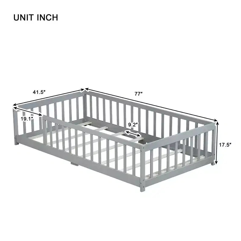 MAYEERTY Twin Floor Bed with Fence without Door, Rubber Wood Floor Guardrails Gray