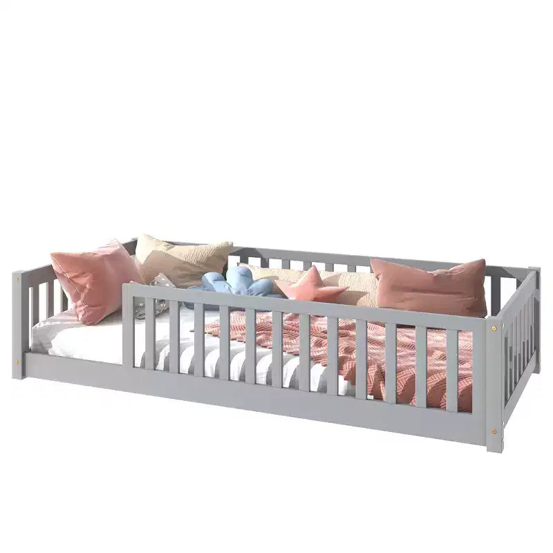 MAYEERTY Twin Floor Bed with Fence without Door, Rubber Wood Floor Guardrails Gray