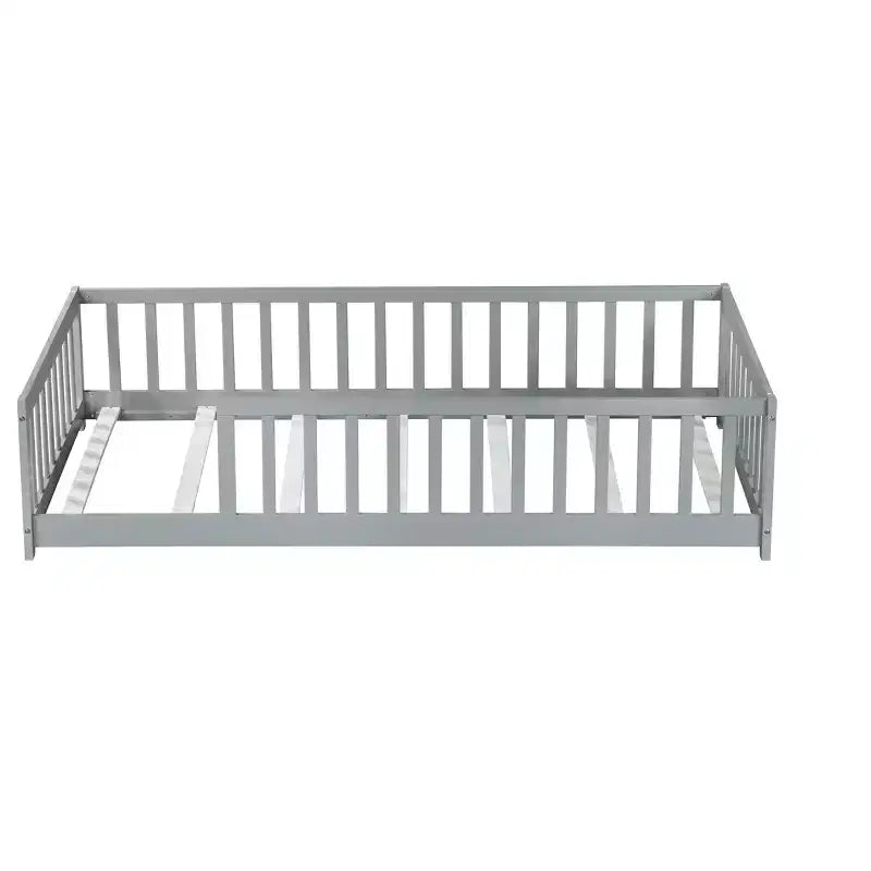 MAYEERTY Twin Floor Bed with Fence without Door, Rubber Wood Floor Guardrails Gray