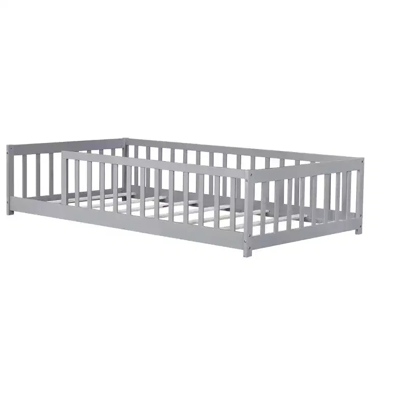 MAYEERTY Twin Floor Bed with Fence without Door, Rubber Wood Floor Guardrails Gray