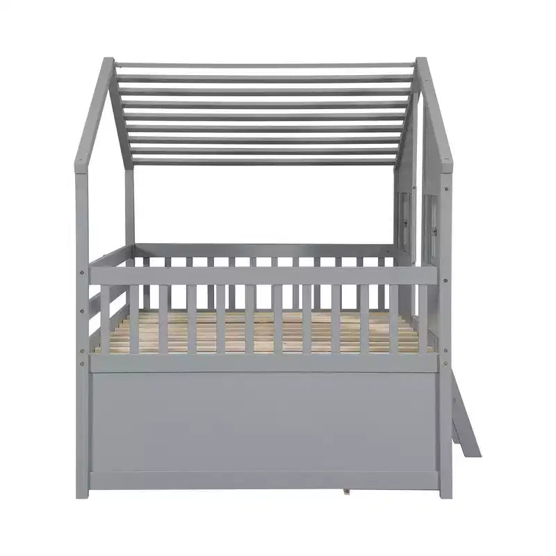 Whisen Full Size House Loft Bed with Roof, Windows, 4 Drawers and Guardrails for Children