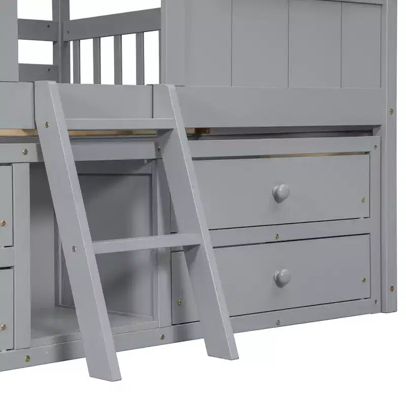 Whisen Full Size House Loft Bed with Roof, Windows, 4 Drawers and Guardrails for Children