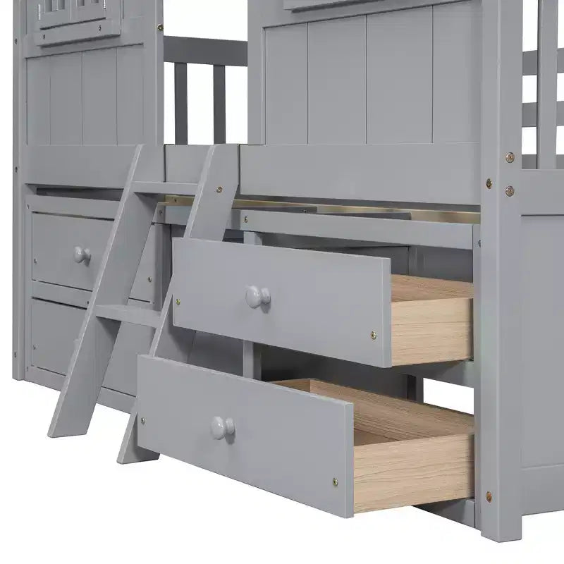 Whisen Full Size House Loft Bed with Roof, Windows, 4 Drawers and Guardrails for Children