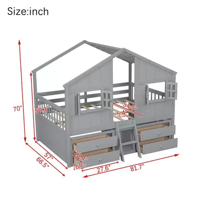 Whisen Full Size House Loft Bed with Roof, Windows, 4 Drawers and Guardrails for Children