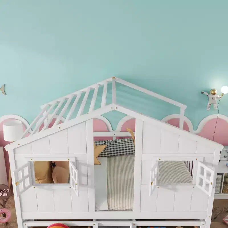 Whisen Full Size House Loft Bed with Roof, Windows, 4 Drawers and Guardrails for Children