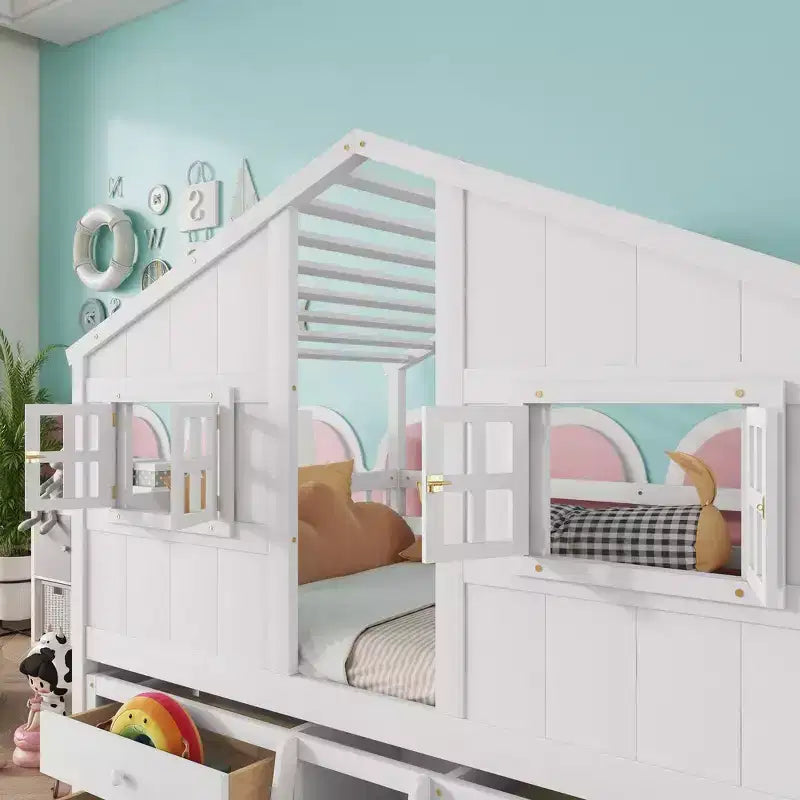 Whisen Full Size House Loft Bed with Roof, Windows, 4 Drawers and Guardrails for Children