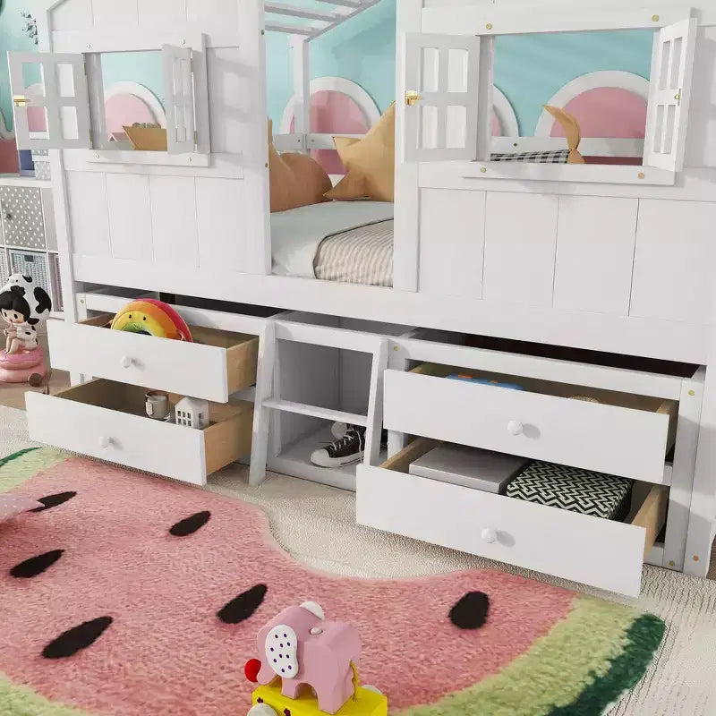 Whisen Full Size House Loft Bed with Roof, Windows, 4 Drawers and Guardrails for Children