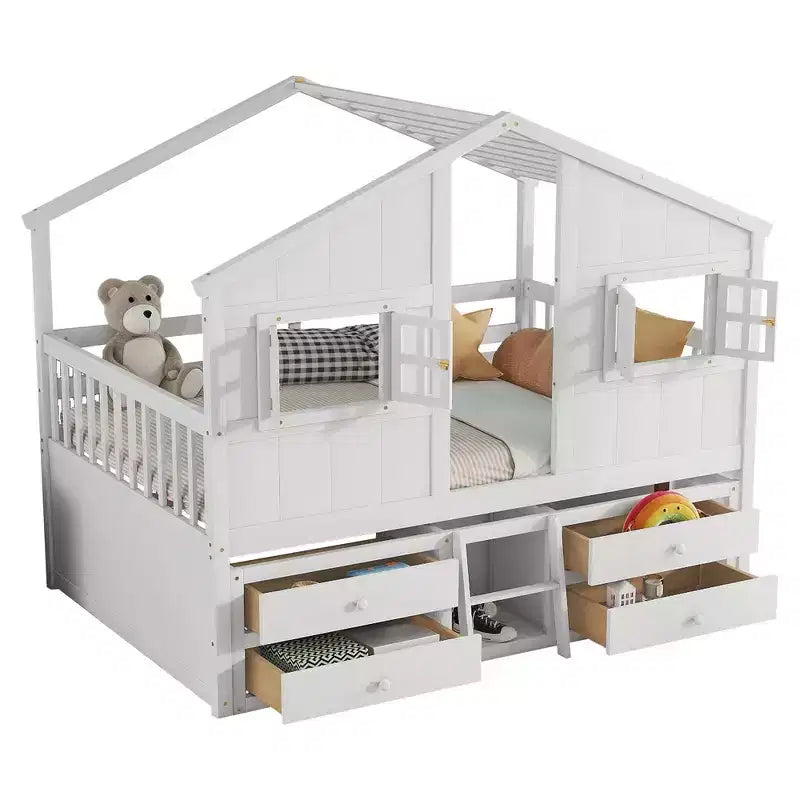 Whisen Full Size House Loft Bed with Roof, Windows, 4 Drawers and Guardrails for Children