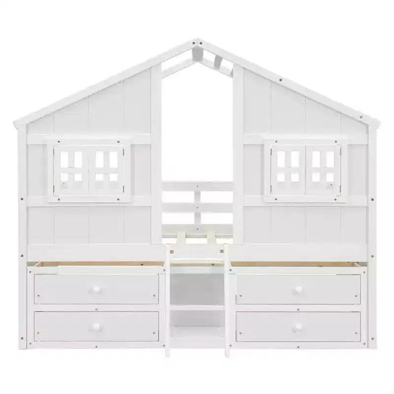 Whisen Full Size House Loft Bed with Roof, Windows, 4 Drawers and Guardrails for Children