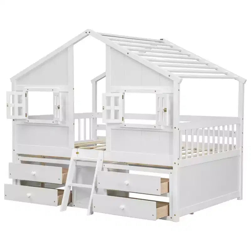 Whisen Full Size House Loft Bed with Roof, Windows, 4 Drawers and Guardrails for Children