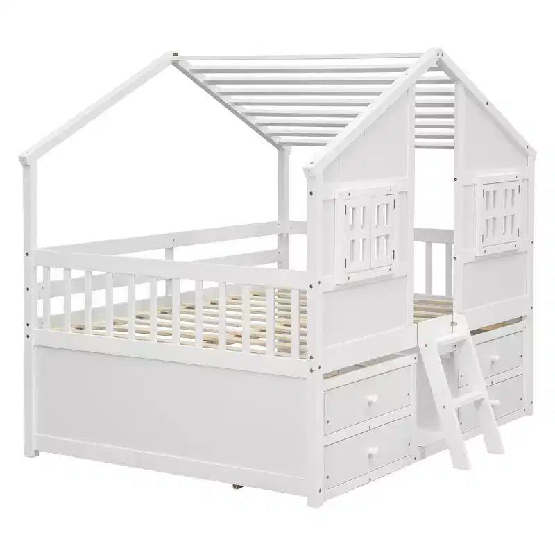 Whisen Full Size House Loft Bed with Roof, Windows, 4 Drawers and Guardrails for Children