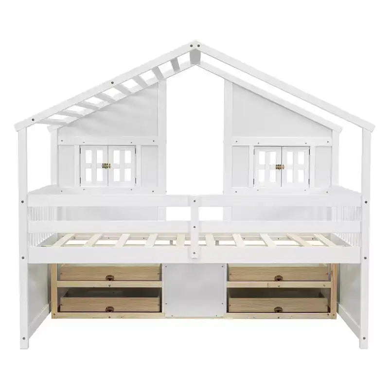 Whisen Full Size House Loft Bed with Roof, Windows, 4 Drawers and Guardrails for Children