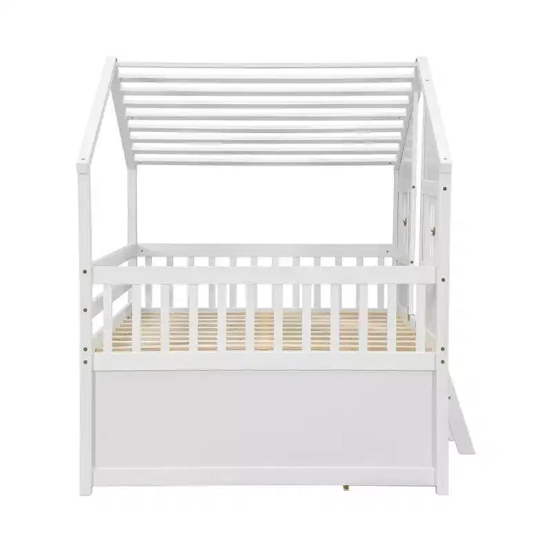Whisen Full Size House Loft Bed with Roof, Windows, 4 Drawers and Guardrails for Children