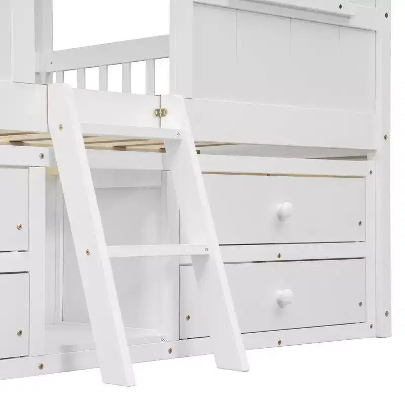 Whisen Full Size House Loft Bed with Roof, Windows, 4 Drawers and Guardrails for Children
