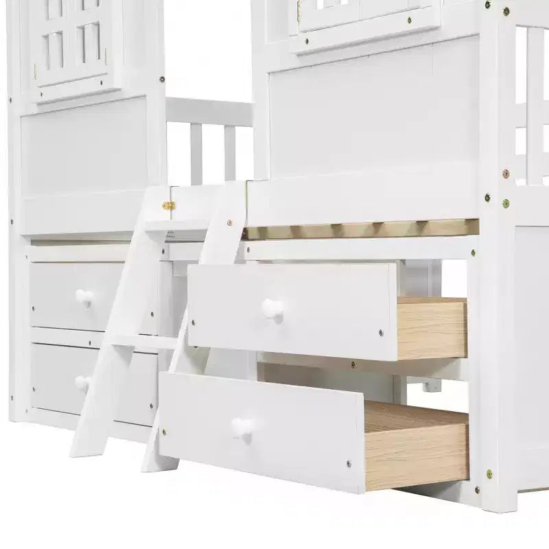 Whisen Full Size House Loft Bed with Roof, Windows, 4 Drawers and Guardrails for Children
