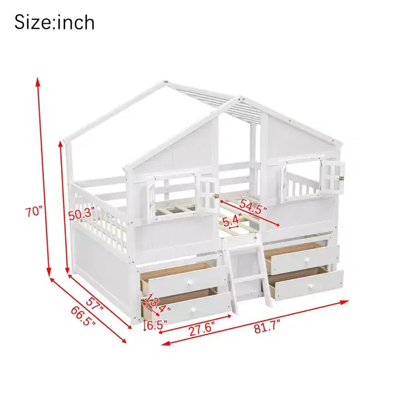 Whisen Full Size House Loft Bed with Roof, Windows, 4 Drawers and Guardrails for Children