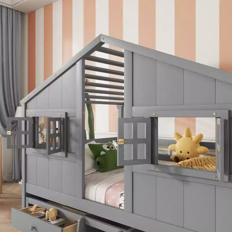 Whisen Full Size House Loft Bed with Roof, Windows, 4 Drawers and Guardrails for Children