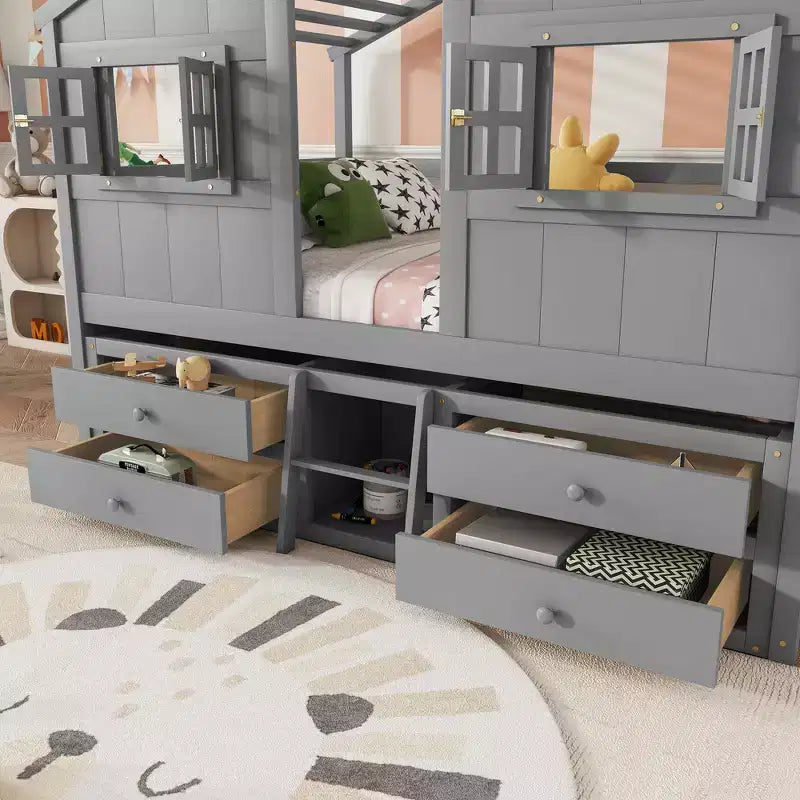 Whisen Full Size House Loft Bed with Roof, Windows, 4 Drawers and Guardrails for Children