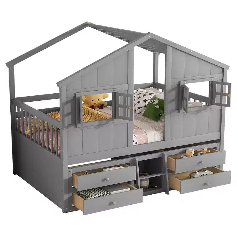 Whisen Full Size House Loft Bed with Roof, Windows, 4 Drawers and Guardrails for Children