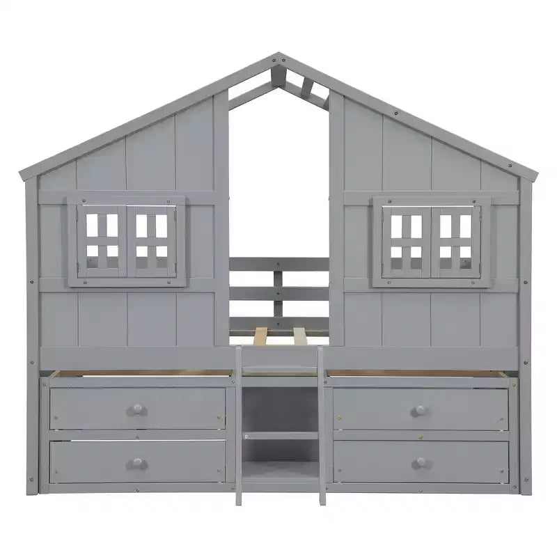 Whisen Full Size House Loft Bed with Roof, Windows, 4 Drawers and Guardrails for Children