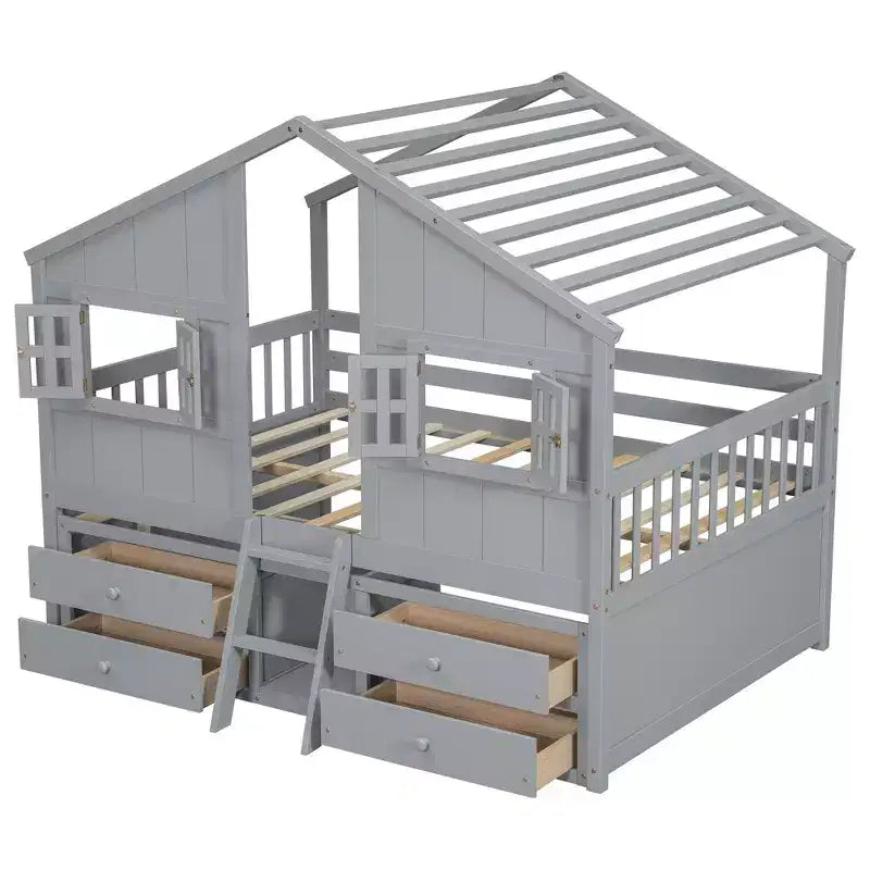 Whisen Full Size House Loft Bed with Roof, Windows, 4 Drawers and Guardrails for Children