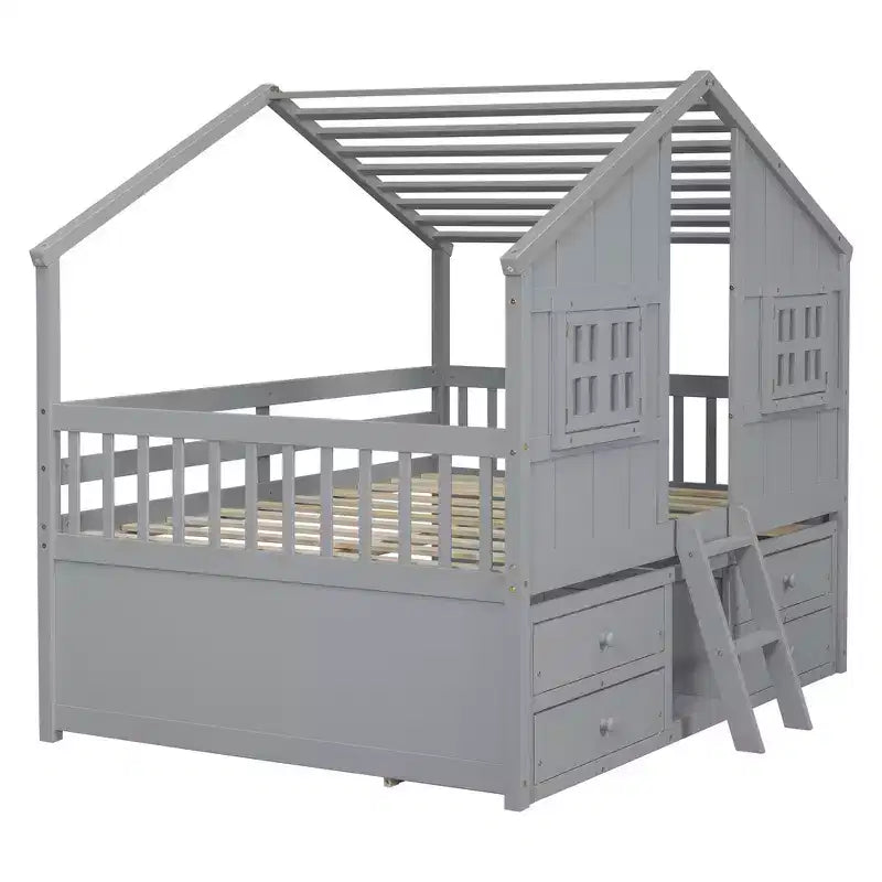 Whisen Full Size House Loft Bed with Roof, Windows, 4 Drawers and Guardrails for Children