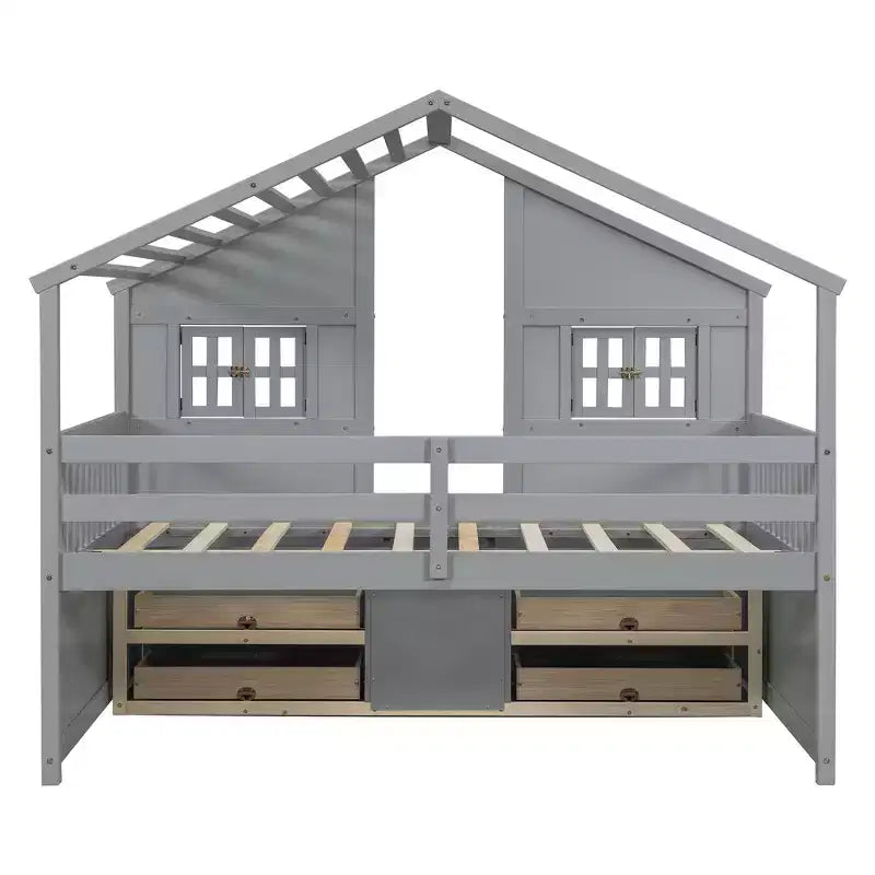 Whisen Full Size House Loft Bed with Roof, Windows, 4 Drawers and Guardrails for Children