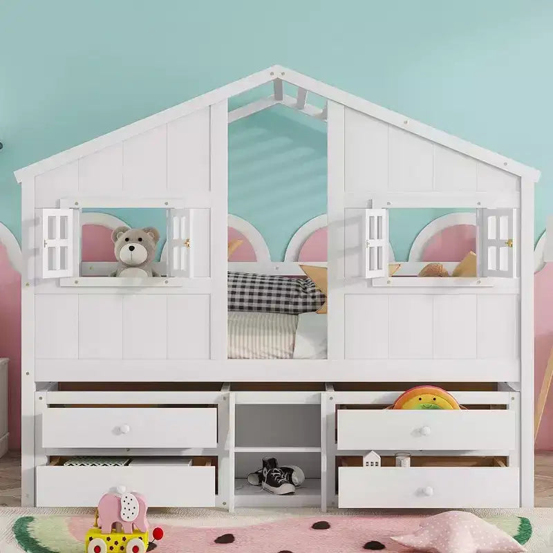 Whisen Full Size House Loft Bed with Roof, Windows, 4 Drawers and Guardrails for Children