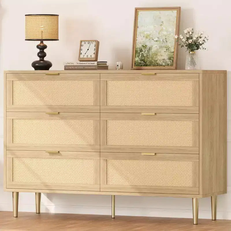 Commode en rotin à 6 tiroirs avec pieds et poignées dorés, armoire large avec grand plateau, anti-basculement, pour chambre ou salon