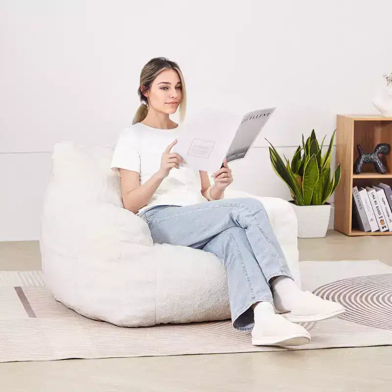 VEVOR Bean Bag Chair, 3 feet Bean Bag Chair with Soft Armrests and Storage Pocket, 25D Memory Foam Filled with Soft Teddy Velvet Cover, White