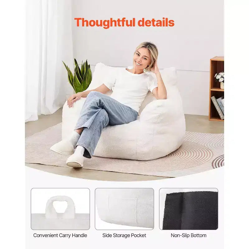 VEVOR Bean Bag Chair, 3 feet Bean Bag Chair with Soft Armrests and Storage Pocket, 25D Memory Foam Filled with Soft Teddy Velvet Cover, White