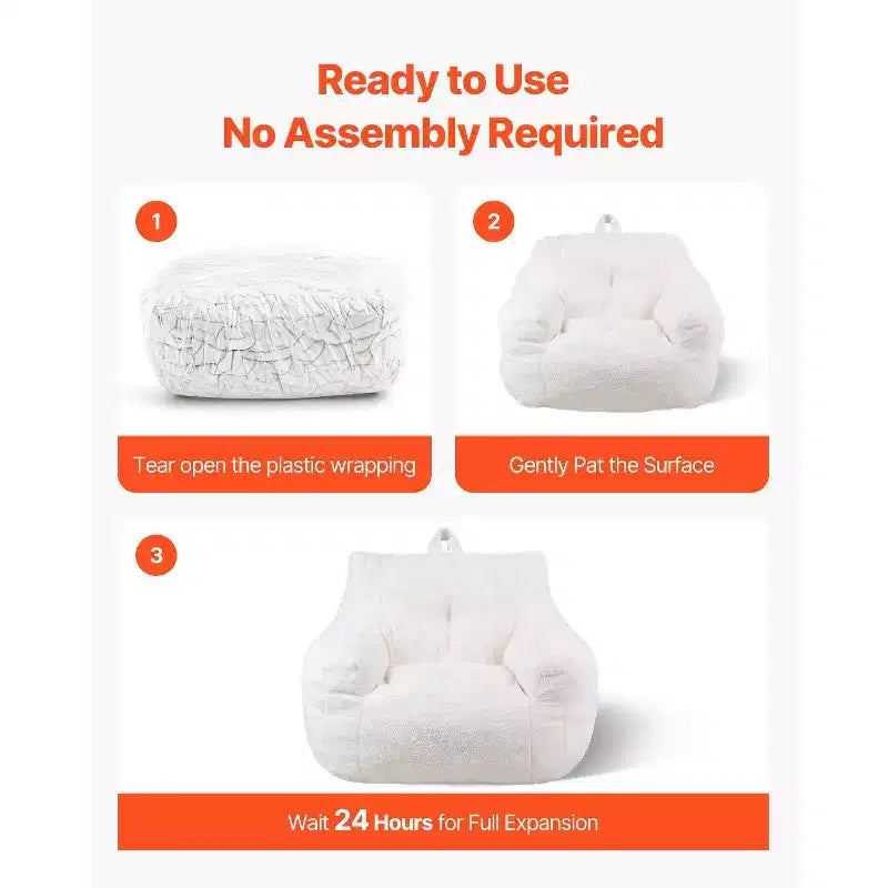VEVOR Bean Bag Chair, 3 feet Bean Bag Chair with Soft Armrests and Storage Pocket, 25D Memory Foam Filled with Soft Teddy Velvet Cover, White