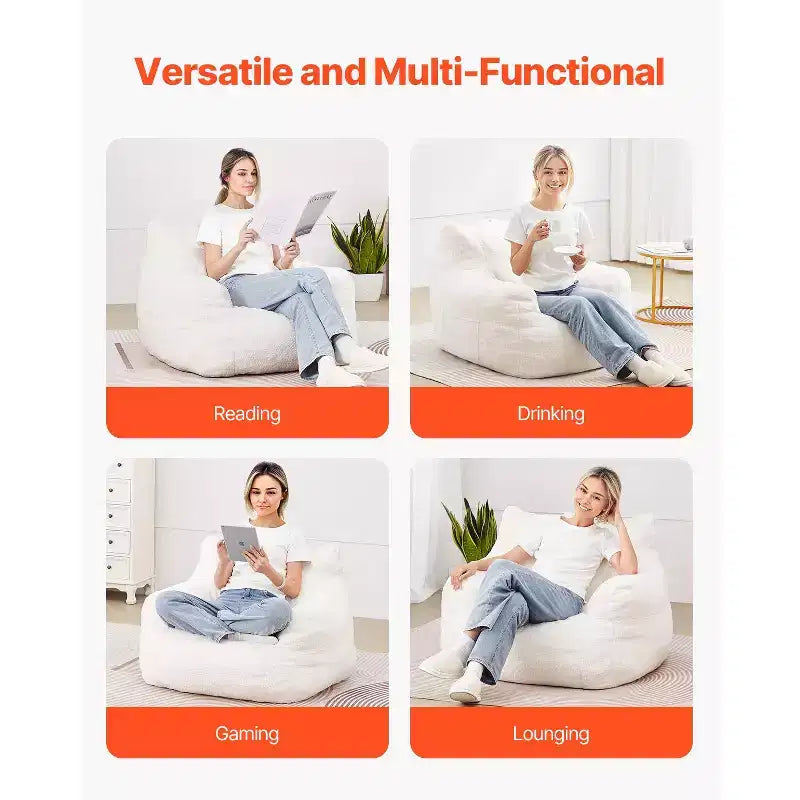 VEVOR Bean Bag Chair, 3 feet Bean Bag Chair with Soft Armrests and Storage Pocket, 25D Memory Foam Filled with Soft Teddy Velvet Cover, White