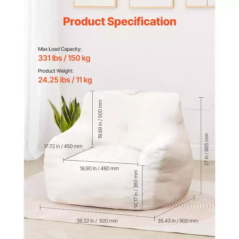 VEVOR Bean Bag Chair, 3 feet Bean Bag Chair with Soft Armrests and Storage Pocket, 25D Memory Foam Filled with Soft Teddy Velvet Cover, White