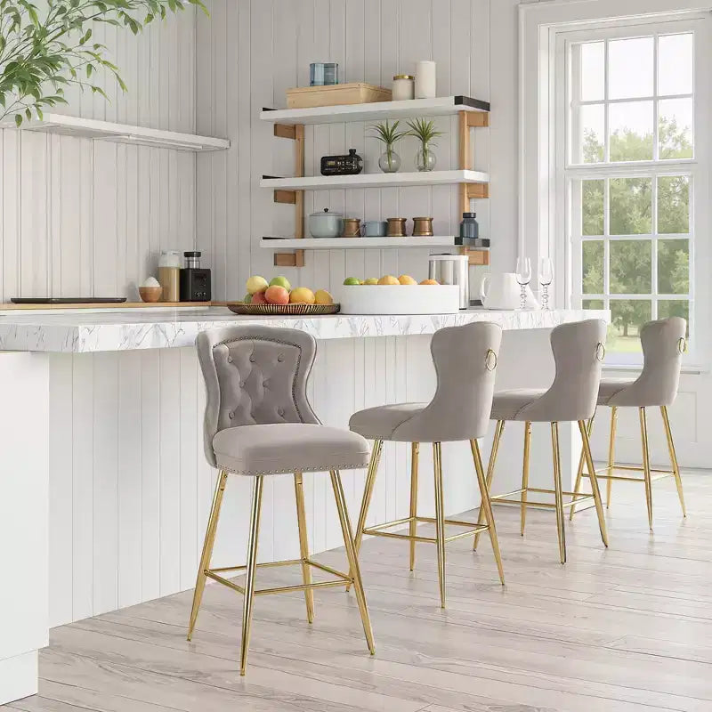 MAYEERTY Gray Velvet Bar Stools Set of 2, Button-Tufted Wing-Back,Metal Legs for Kitchen Island & Pub