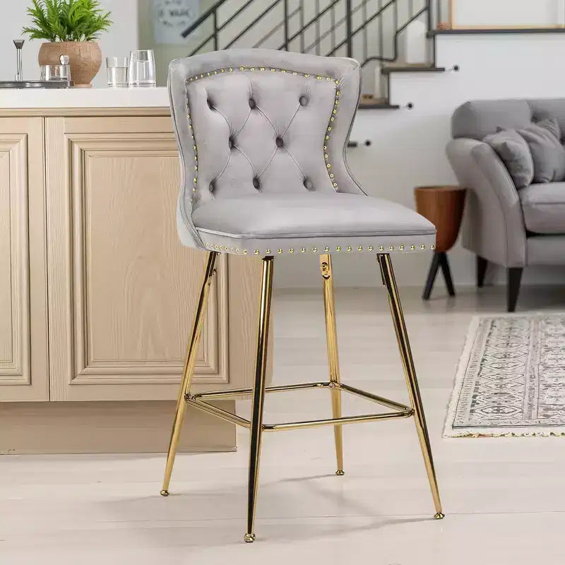 MAYEERTY Gray Velvet Bar Stools Set of 2, Button-Tufted Wing-Back,Metal Legs for Kitchen Island & Pub