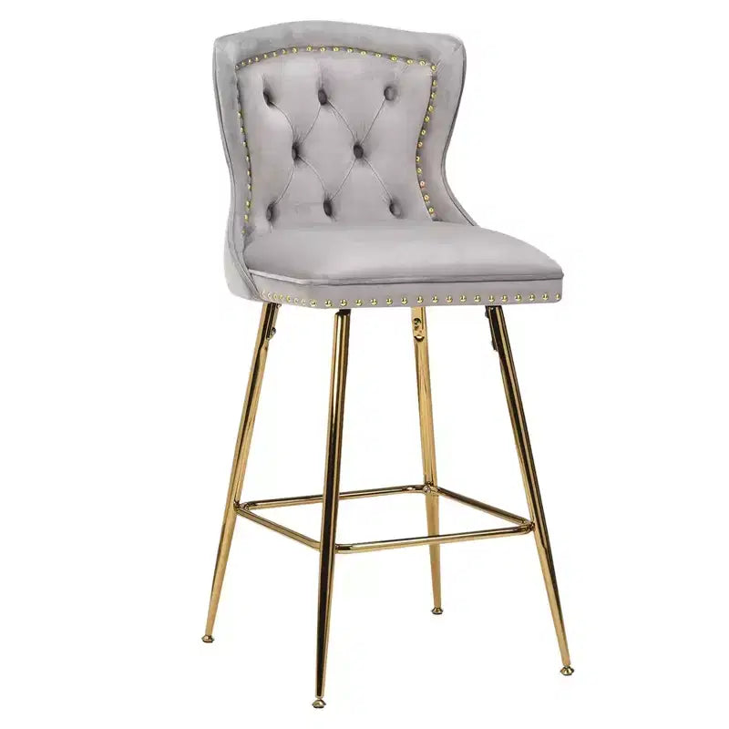 MAYEERTY Gray Velvet Bar Stools Set of 2, Button-Tufted Wing-Back,Metal Legs for Kitchen Island & Pub