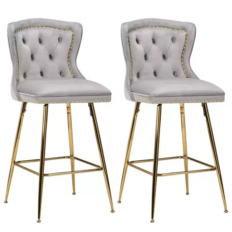MAYEERTY Gray Velvet Bar Stools Set of 2, Button-Tufted Wing-Back,Metal Legs for Kitchen Island & Pub