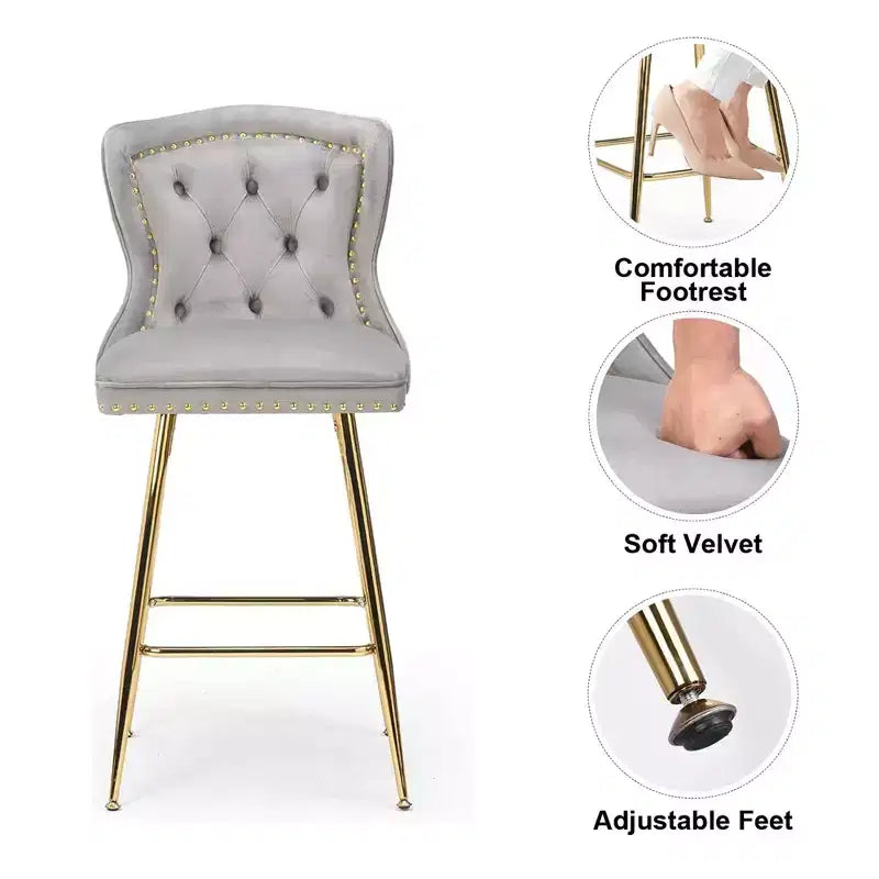 MAYEERTY Gray Velvet Bar Stools Set of 2, Button-Tufted Wing-Back,Metal Legs for Kitchen Island & Pub